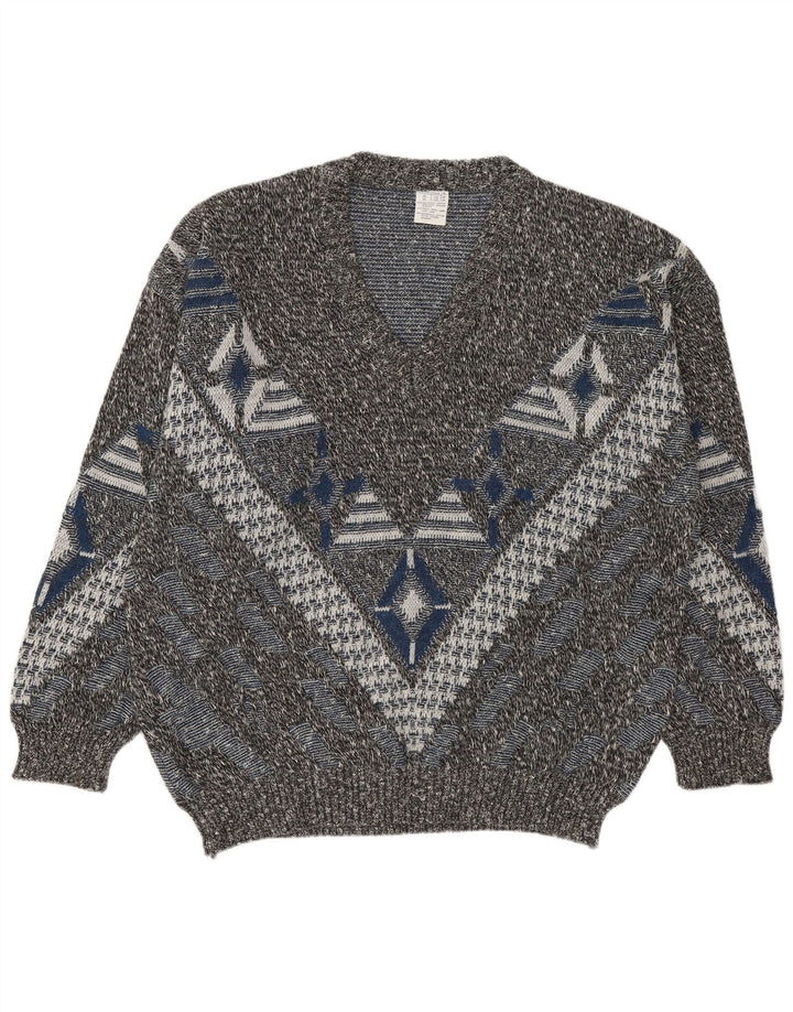 VINTAGE Herren V-Ausschnitt Pullover Pullover UK 46/48 2XL Mehrfarbig Geometrisch