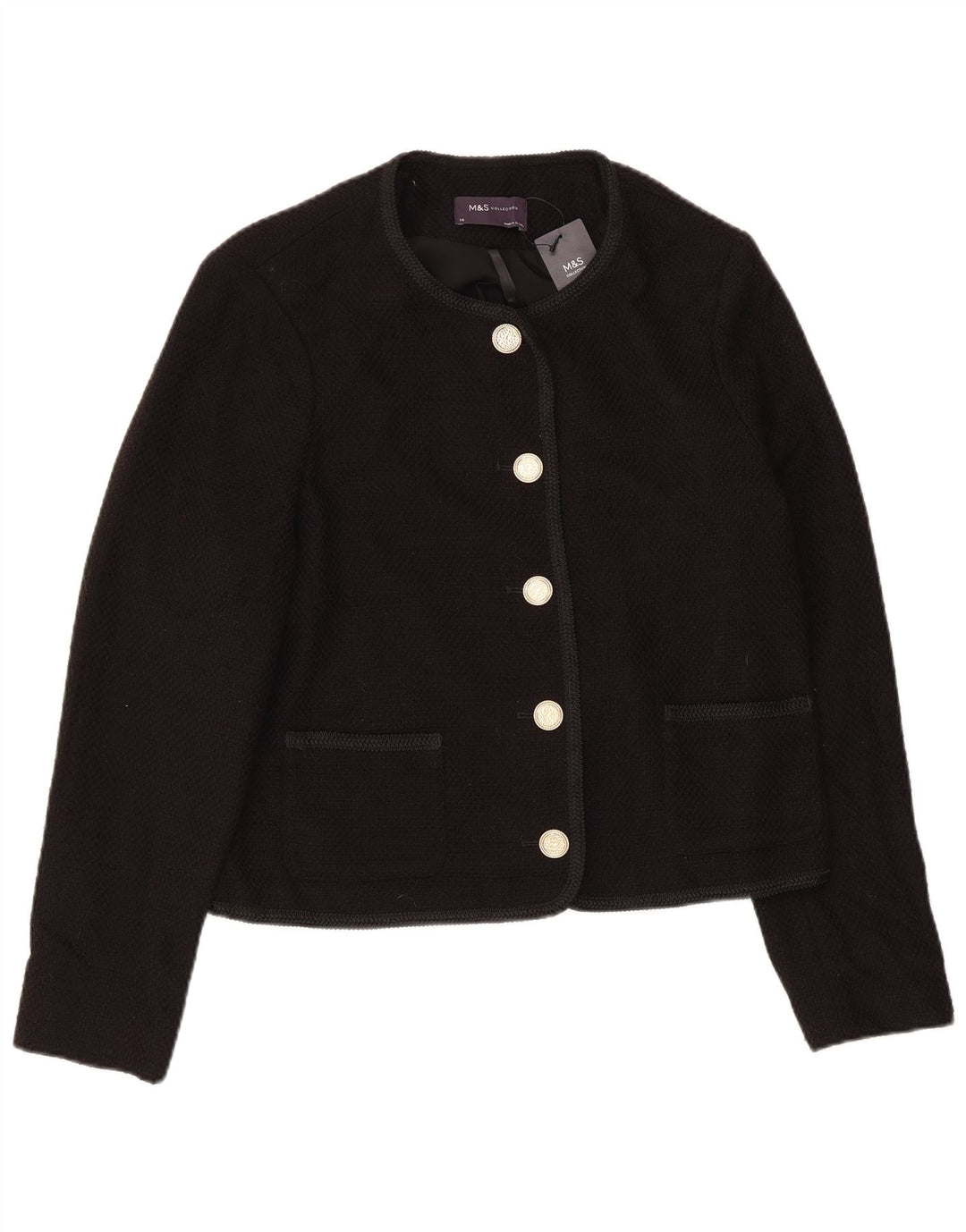 Marks & Spencer Damen-Blazerjacke mit 5 Knöpfen, UK 14, Größe L, Schwarz, Baumwolle