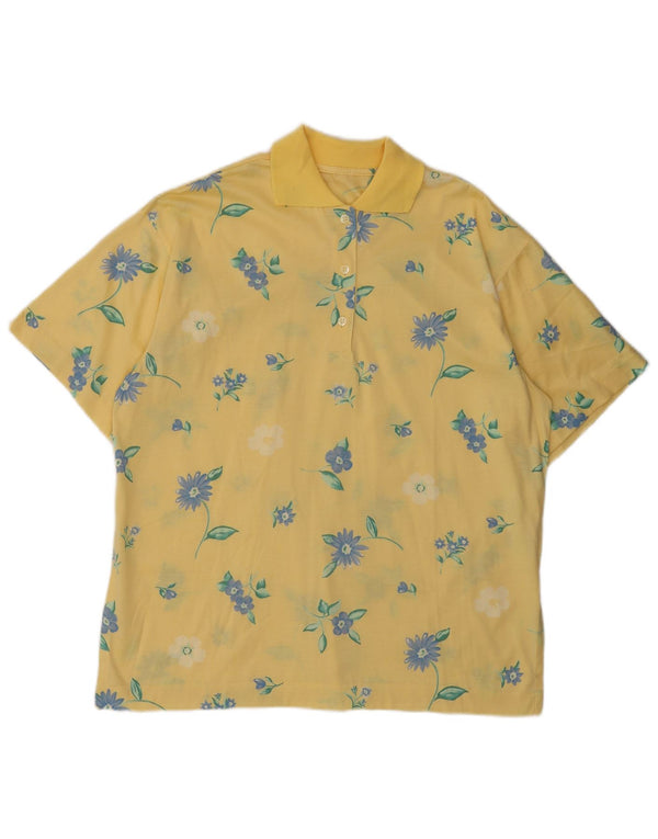 Vintage Damen Poloshirt UK 16 Große gelbe Baumwolle mit Blumenmuster