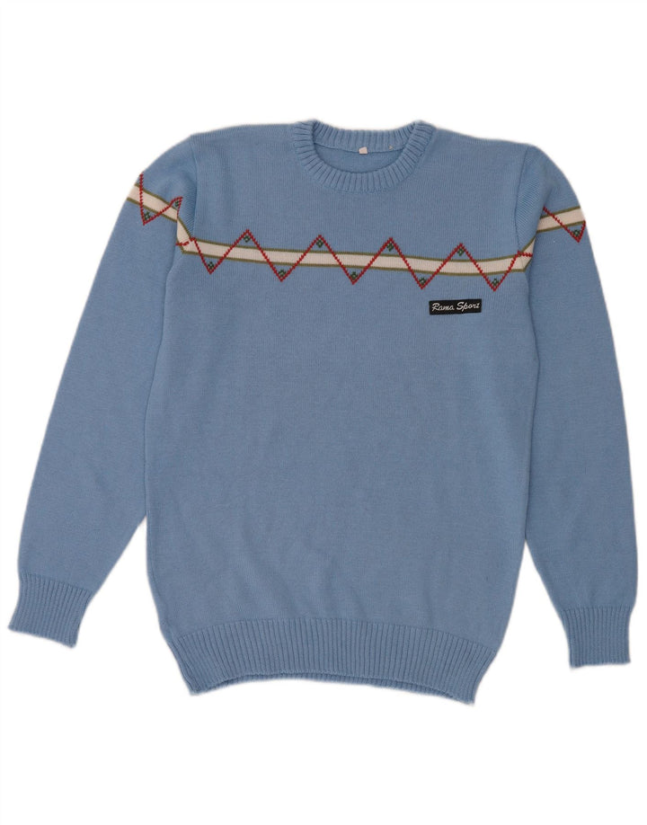 Vintage Herren Pullover mit Rundhalsausschnitt, kleine blaue geometrische Wolle