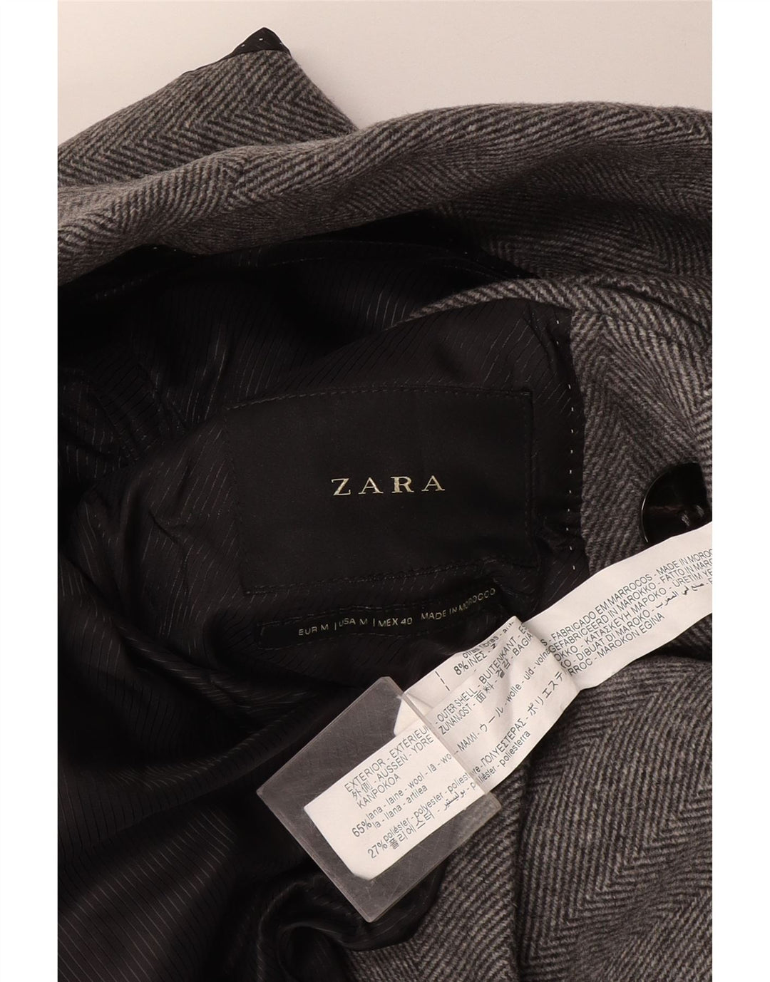 Zweireihiger Herrenmantel von Zara, UK 38, mittelgraue Wolle mit Fischgrätenmuster