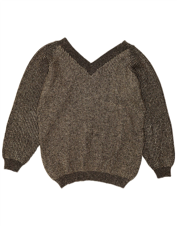 Vintage Damen Übergroßer Pullover mit V-Ausschnitt EU 40 Mittelgold meliert