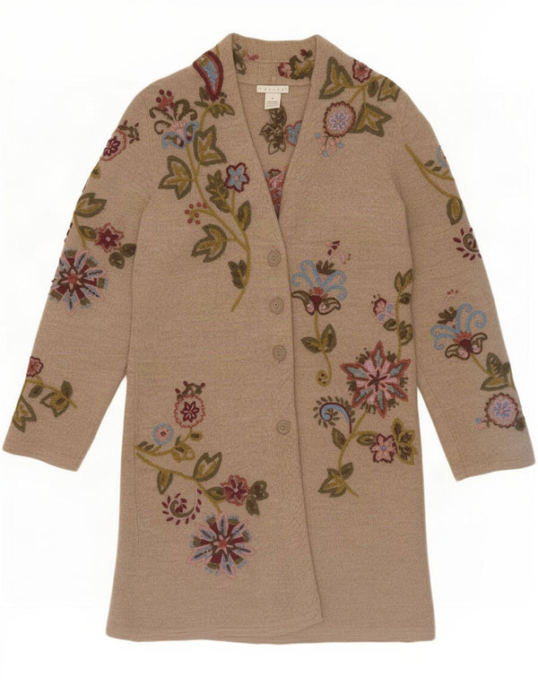 Vintage Damen Longline Cardigan Pullover UK 14 Mittelbeige geblümte Wolle