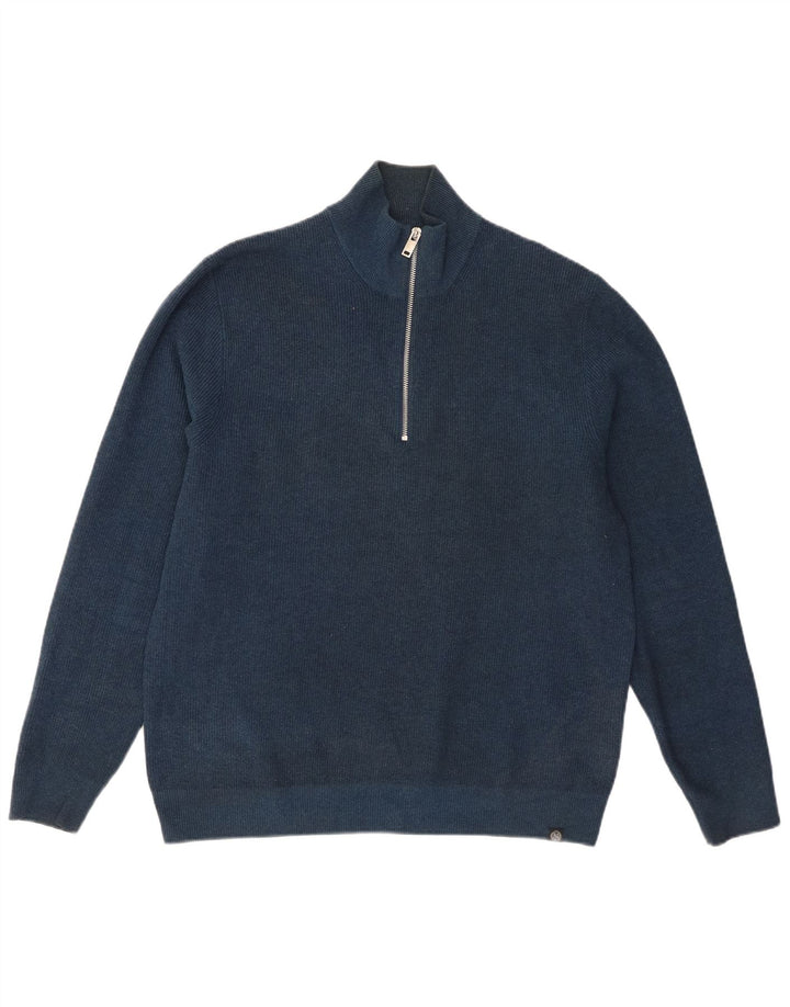 Marks & Spencer Herren-Pullover mit Reißverschluss am Hals, groß, marineblaue Baumwolle