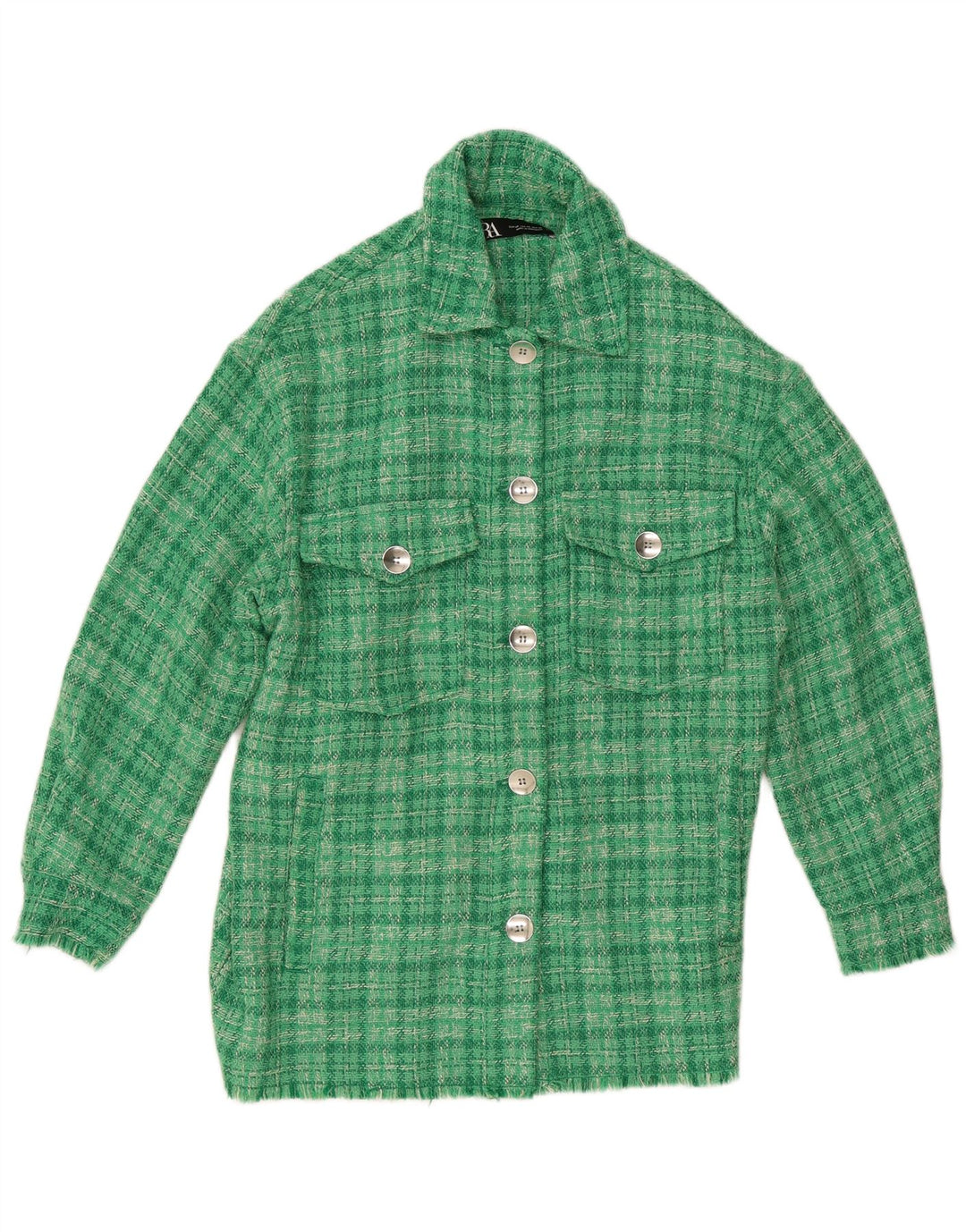 Zara Damen Übergroße Bomberjacke UK 6 XS Grün kariertes Polyester
