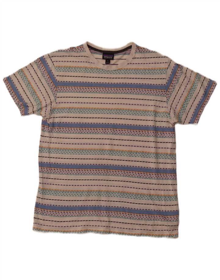 Patagonia Herren-T-Shirt-Oberteil aus mittelgroßer, cremefarbener, gestreifter Baumwolle