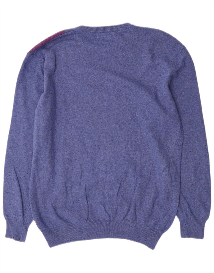 Vintage Herren-Pullover mit Rundhalsausschnitt, groß, blaue Argyle-/Diamant-Wolle