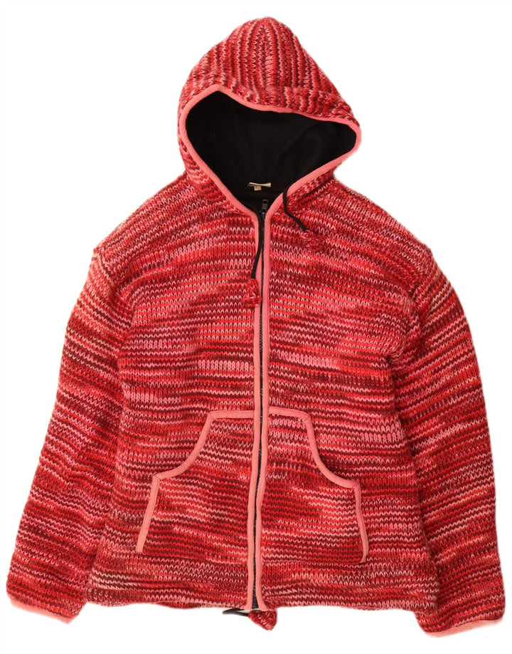 VINTAGE Damen Strickjacke mit Kapuze, UK 16, große rot gefleckte Wolle