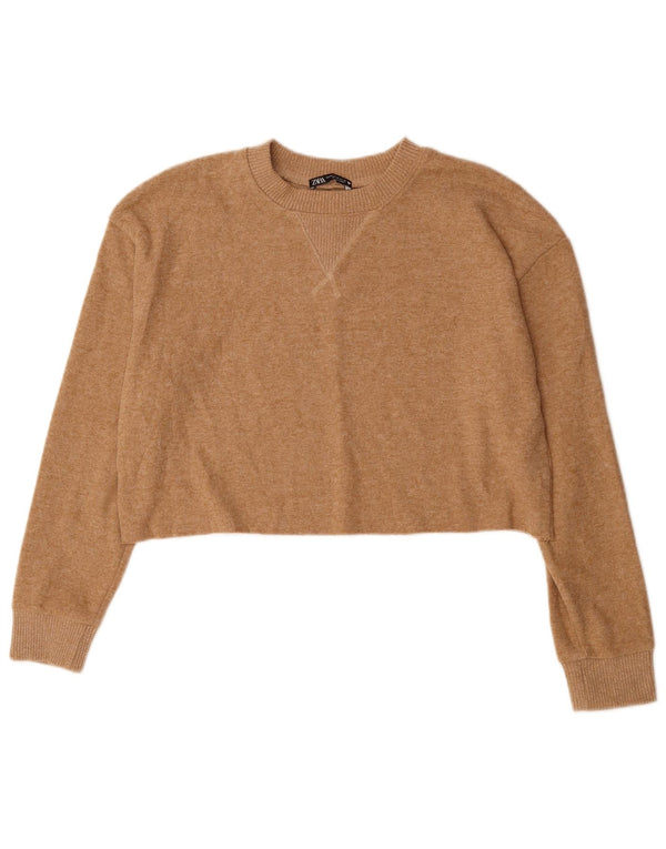 ZARA Damen Crop Crew Neck Pullover Pullover UK 14 Medium Beige Polyester