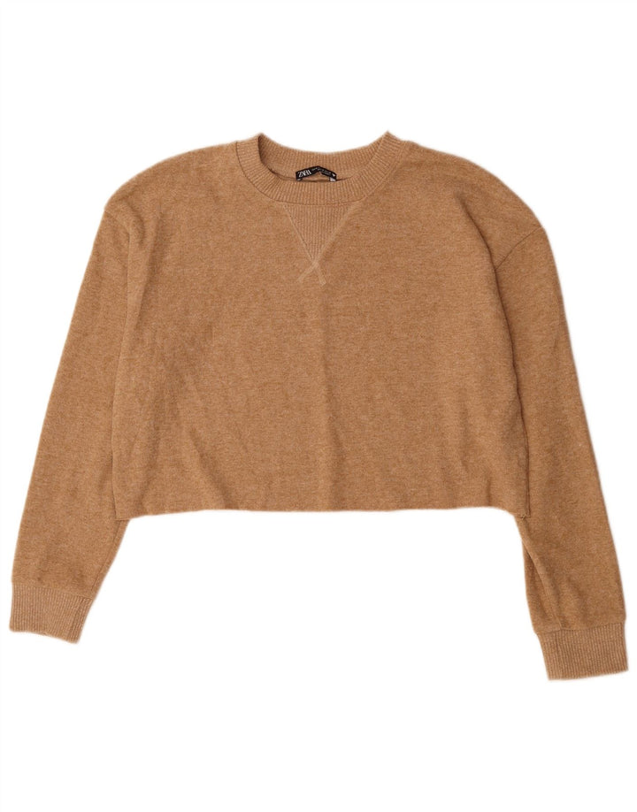 ZARA Damen Crop Crew Neck Pullover Pullover UK 14 Medium Beige Polyester