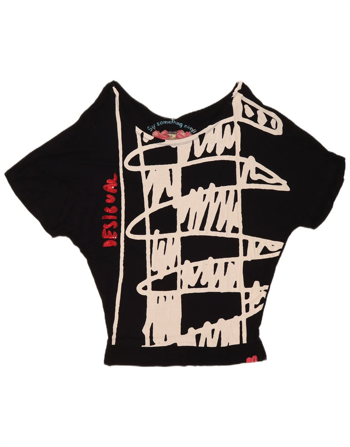 Desigual Womens Graphic Batwing Bluse Top UK 10 Small Schwarz Geometrisch
