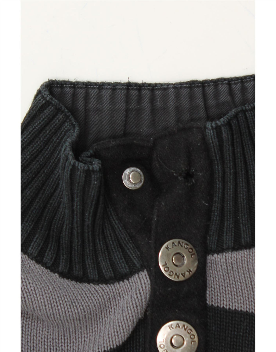 KANGOL Mens Button Neck Jumper Sweater Large Black Striped Cotton Vintage Kangol and Second-Hand Kangol from Messina Hembry 