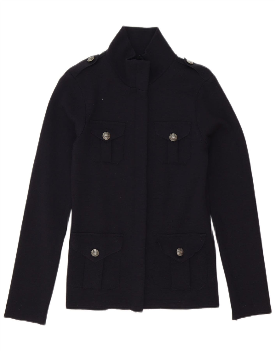Blauer Damen-Cardigan-Pullover UK 10 Small Marineblaue Wolle