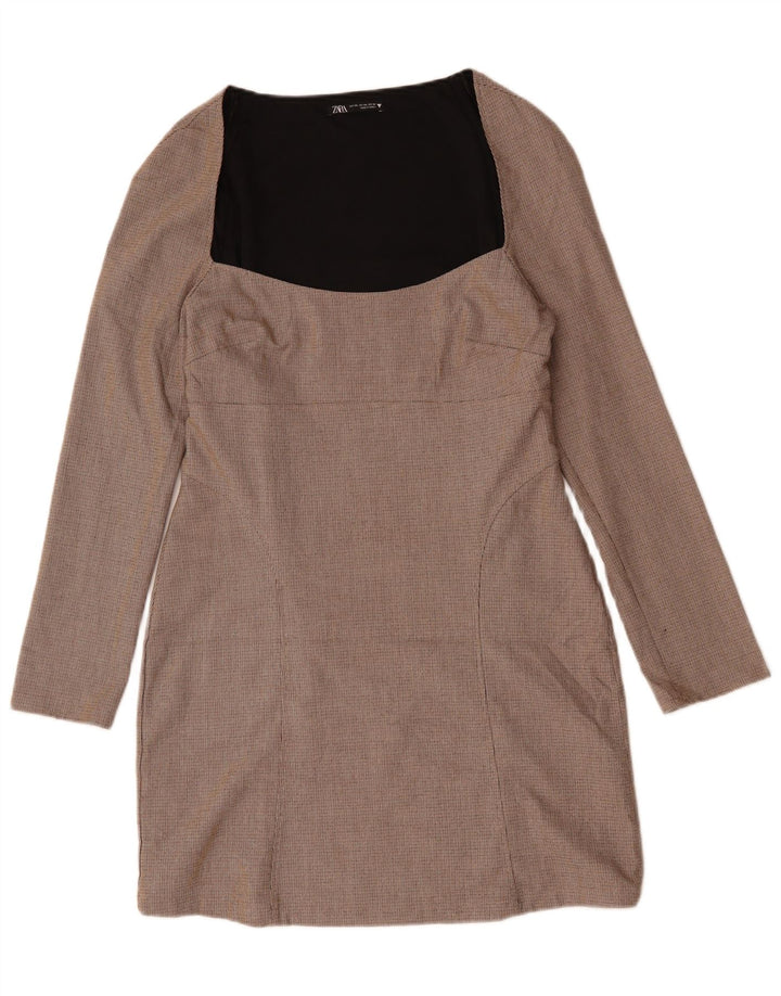 ZARA Damen Langarm-Etuikleid UK 20 2XL Beige kariertes Polyester