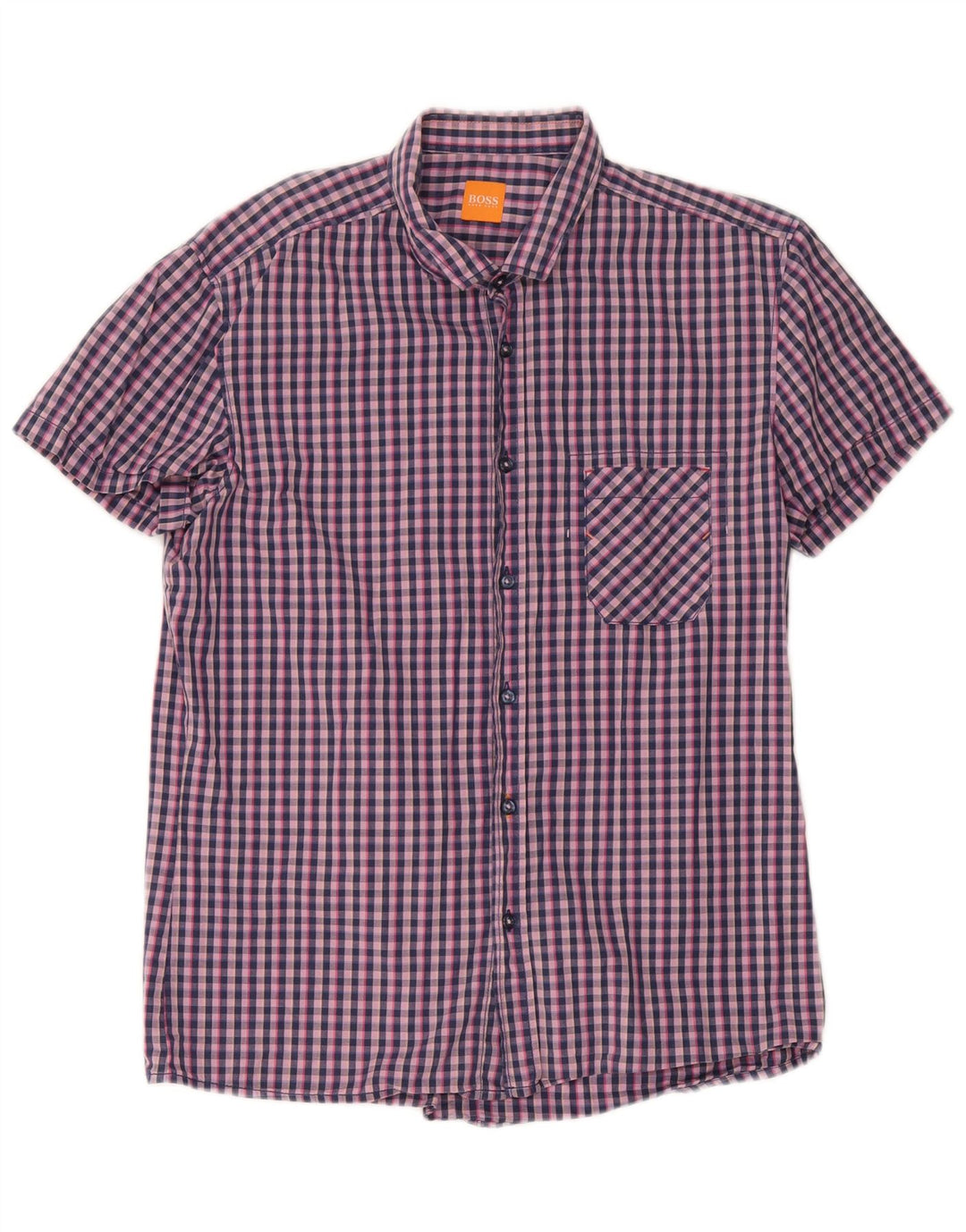 Hugo Boss Herren-Kurzarmhemd, groß, marineblau, Gingham-Baumwolle