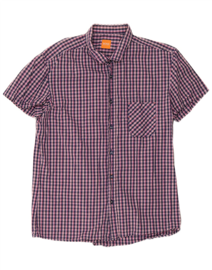 Hugo Boss Herren-Kurzarmhemd, groß, marineblau, Gingham-Baumwolle