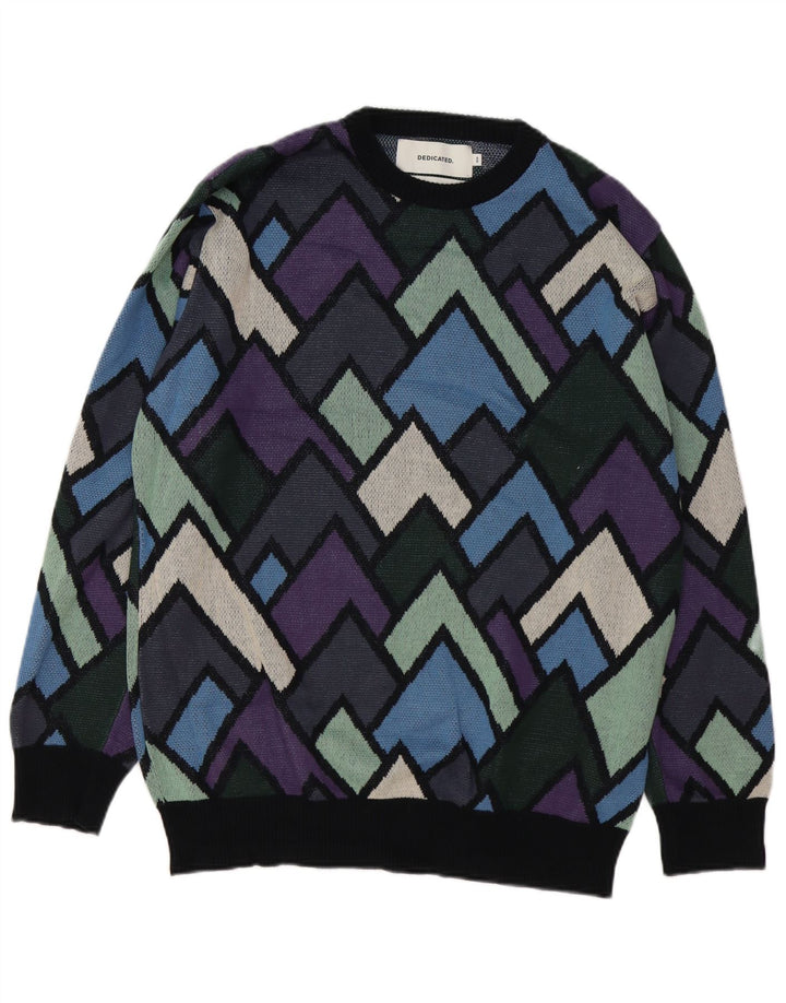 Vintage Herren-Pullover mit Rundhalsausschnitt, mittelgroße, mehrfarbige, geometrische Baumwolle