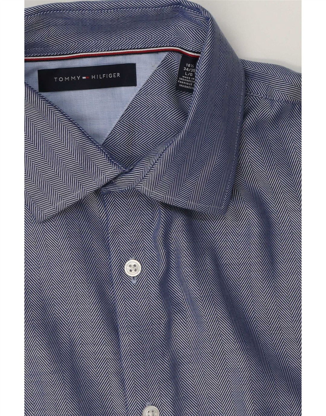 Tommy Hilfiger Herrenhemd, Größe 16 1/2, groß, blaue Fischgräten-Baumwolle