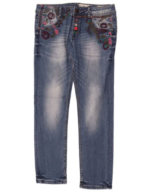 Desigual Damen-Jeans mit niedriger Taille, schmal, W30, L30, blau geblümt, Baumwolle