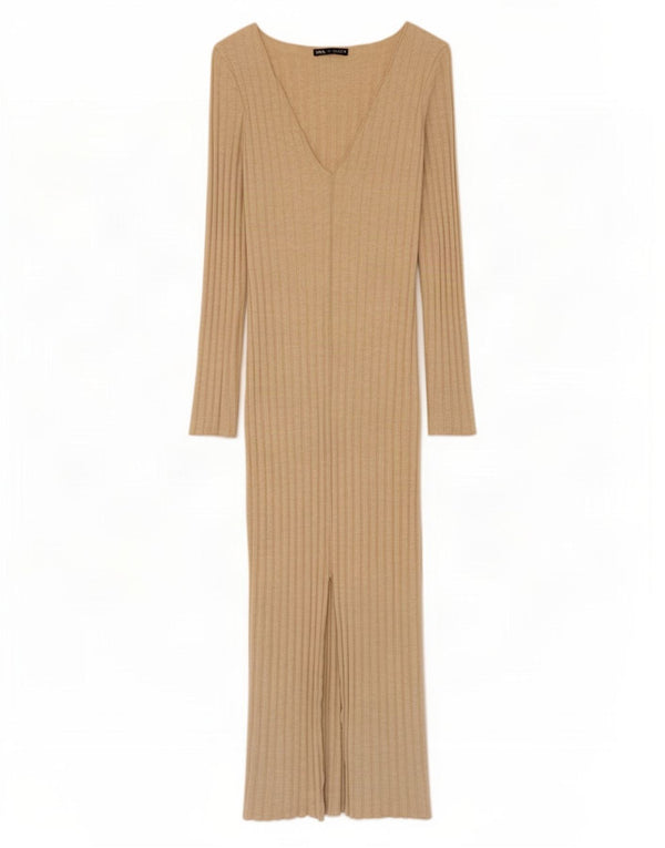 Zara Damen Langarm-Maxikleid UK 8 Small Beige Viskose