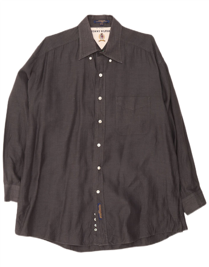 Tommy Hilfiger Herrenhemd, Größe 16 1/2, groß, graue Baumwolle mit Fischgrätenmuster