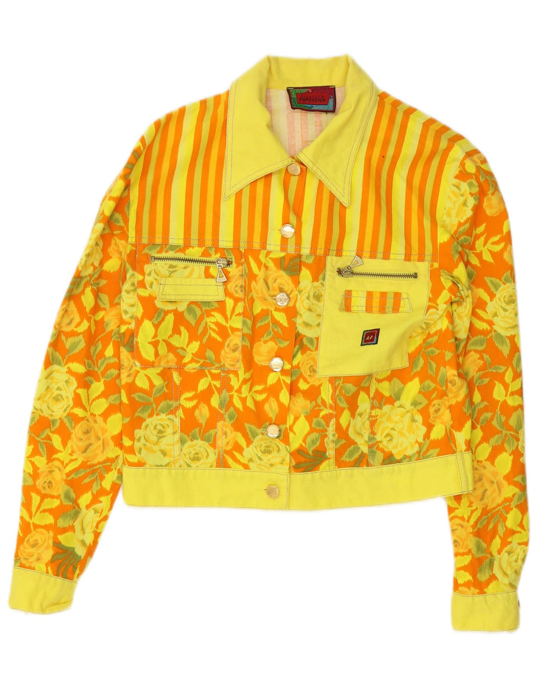 Vintage Damen Crop Bomberjacke EU 38 Mittelgelbe geblümte Baumwolle