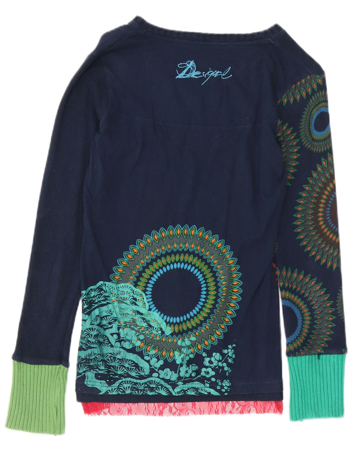 Desigual Womens Graphic Top Langarm UK 12 Medium Marineblau Baumwolle