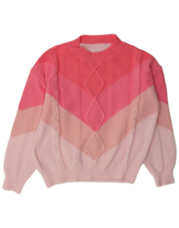 Vintage Damen Pullover mit Rundhalsausschnitt, Gr. 14, groß, rosa, Farbblock