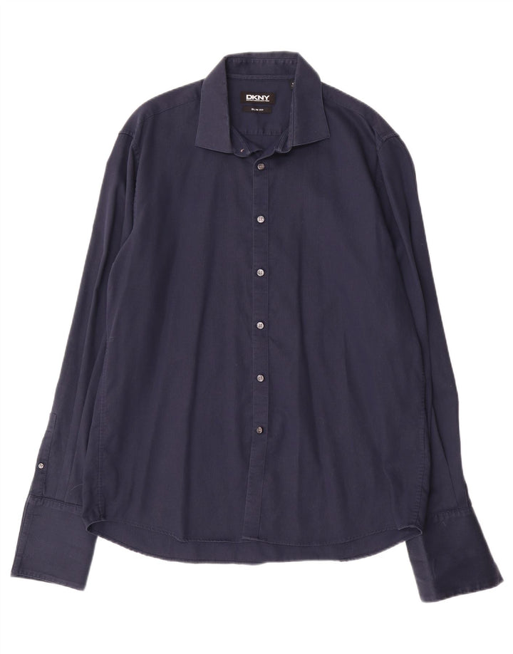 DKNY Herren-Hemd mit schmaler Passform, Größe 17 1/2 44 XL, marineblaue Baumwolle