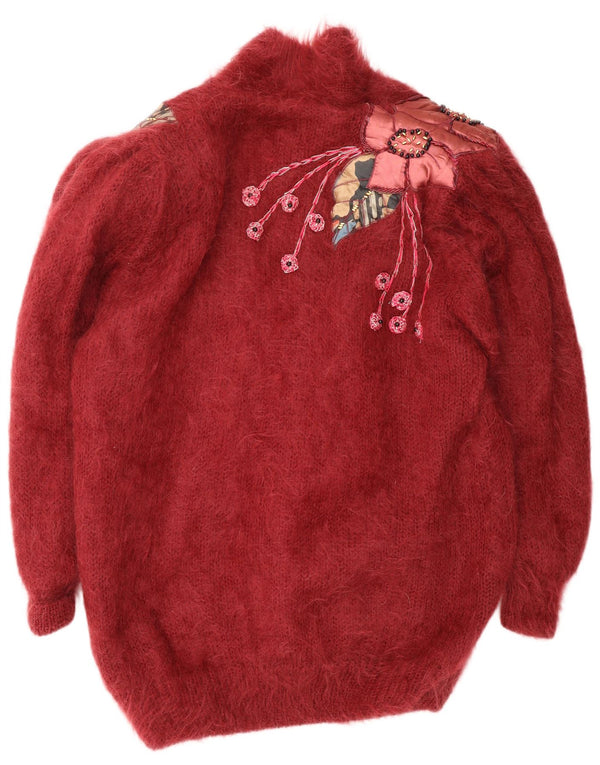 Vintage Damen Oversized Longline Cardigan Pullover UK 14 Medium Burgund