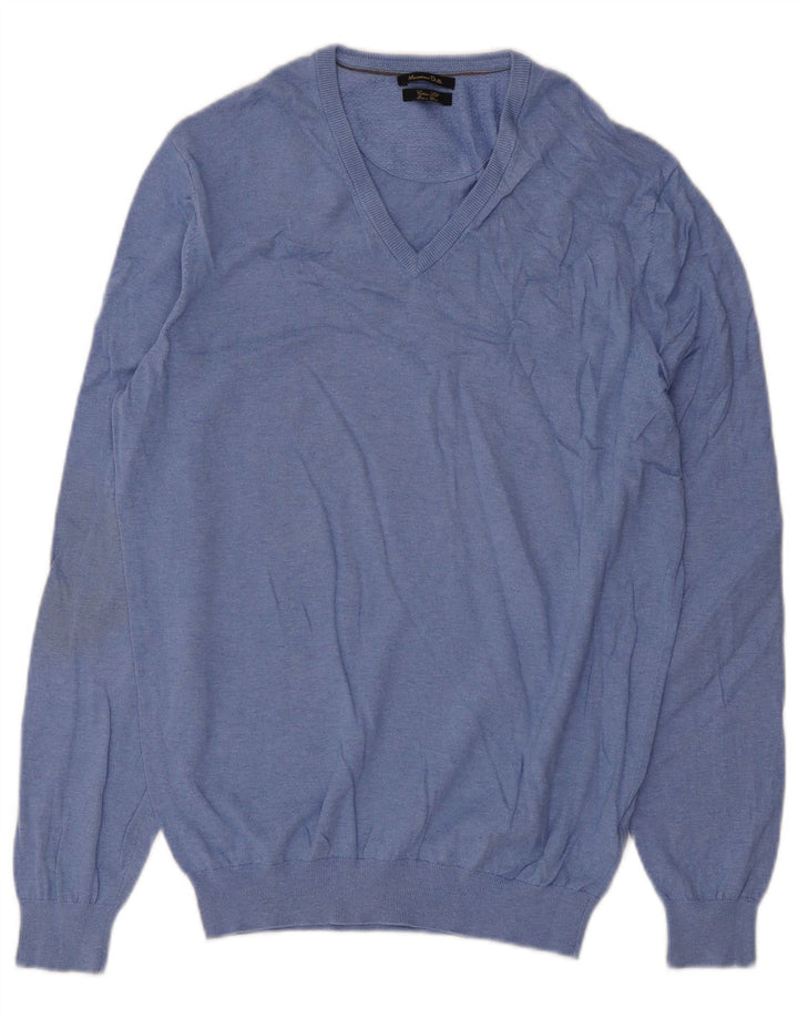 Massimo Dutti Herren-Pullover mit V-Ausschnitt aus mittelblauer Baumwolle
