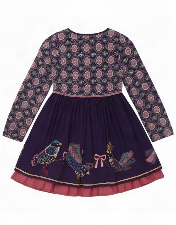 Monsoon Mädchen Grafisches Langarm-A-Linien-Kleid 5–6 Jahre Marineblau mit Blumenmuster