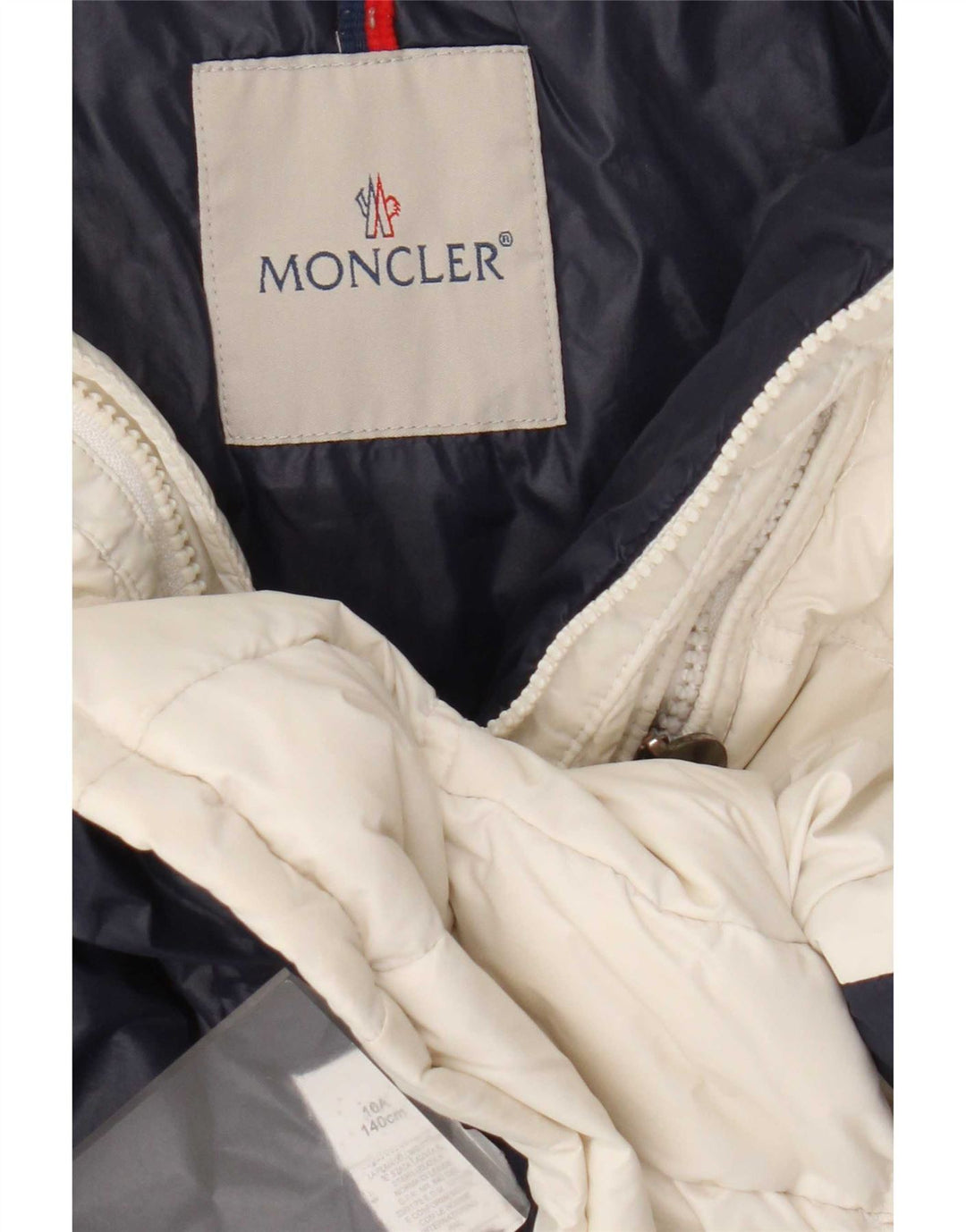 Moncler Wattierte Mädchenjacke mit Grafik, 9–10 Jahre, weißes Colourblock-Polyamid