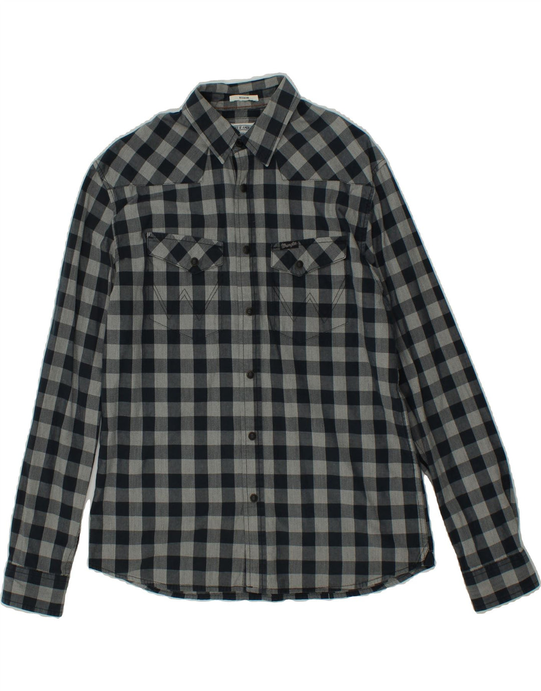WRANGLER Mens Regular Fit Shirt Small Navy Blue Check Cotton Vintage Wrangler and Second-Hand Wrangler from Messina Hembry 