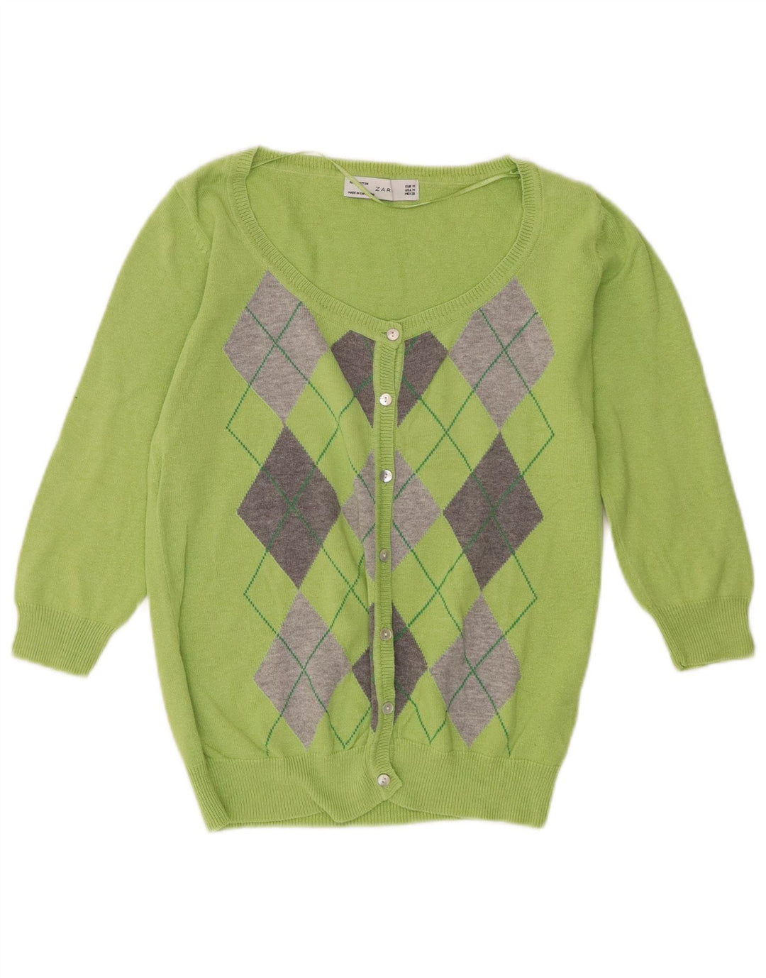 Zara Damen-Cardigan-Pullover UK 12 Mittelgrüne Argyle-/Diamant-Baumwolle