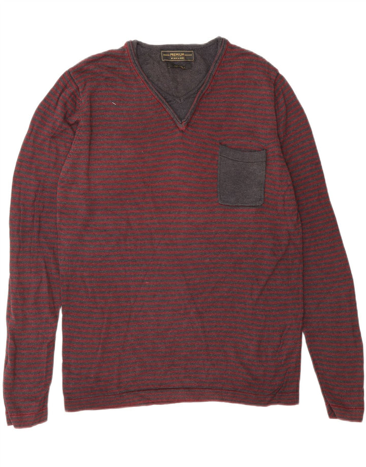 JACK & JONES Mens V-Neck Jumper Sweater Medium Burgundy Striped Viscose