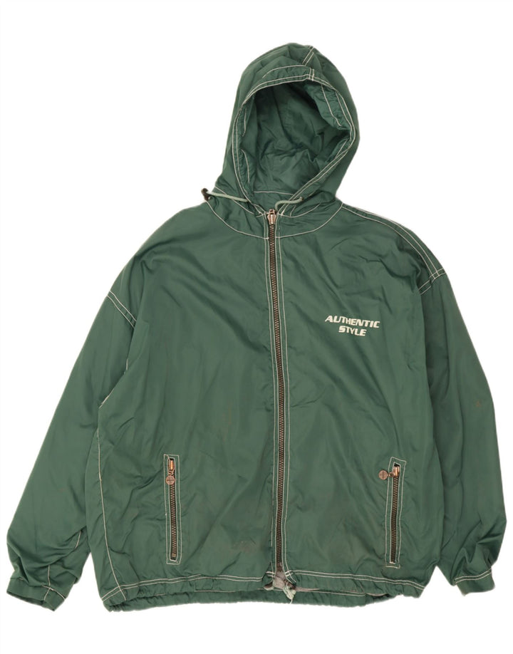 Authentische Herren-Windbreakerjacke mit grafischer Kapuze, Gr. 40, großes grünes Nylon