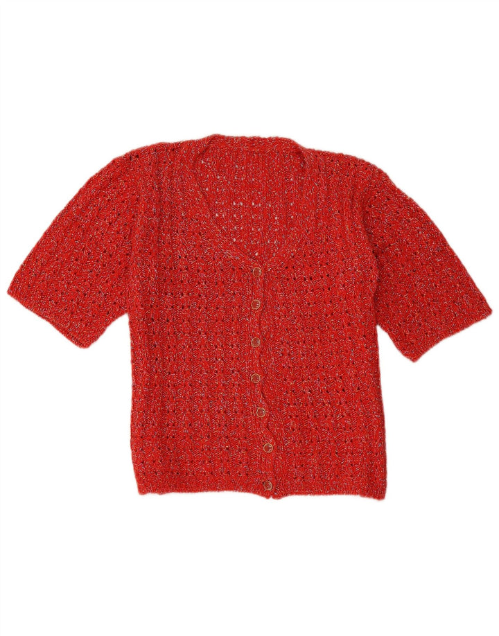 Vintage Damen Kurzärmeliger Cardigan Pullover UK 14 Mittelrot