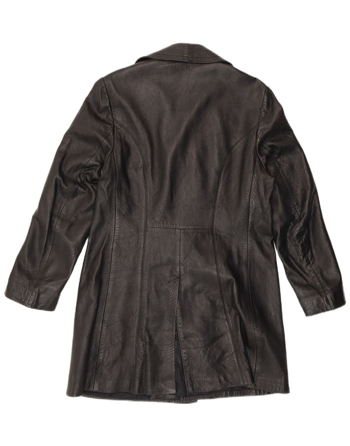 VINTAGE Damen Zweireihiger Ledermantel UK 14 Mittelschwarz