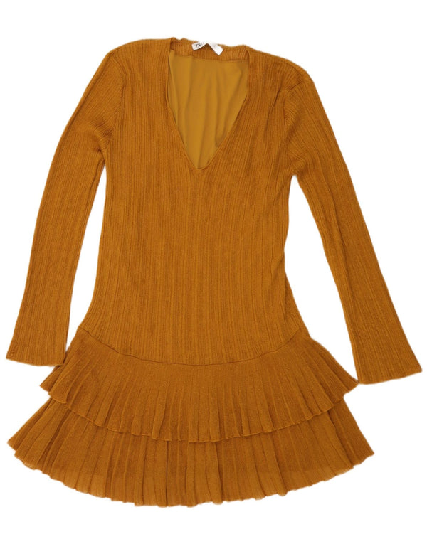 Zara Damen Langarm-Stufenkleid UK 14 Große braune Viskose