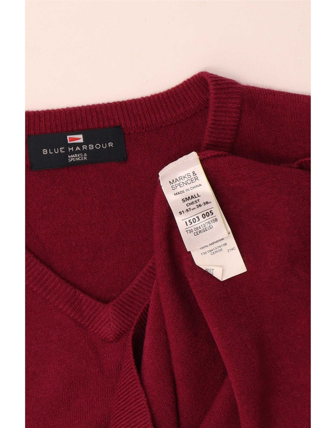 Marks & Spencer Herren Blue Harbor V-Ausschnitt Pullover Pullover Small Rot Acryl