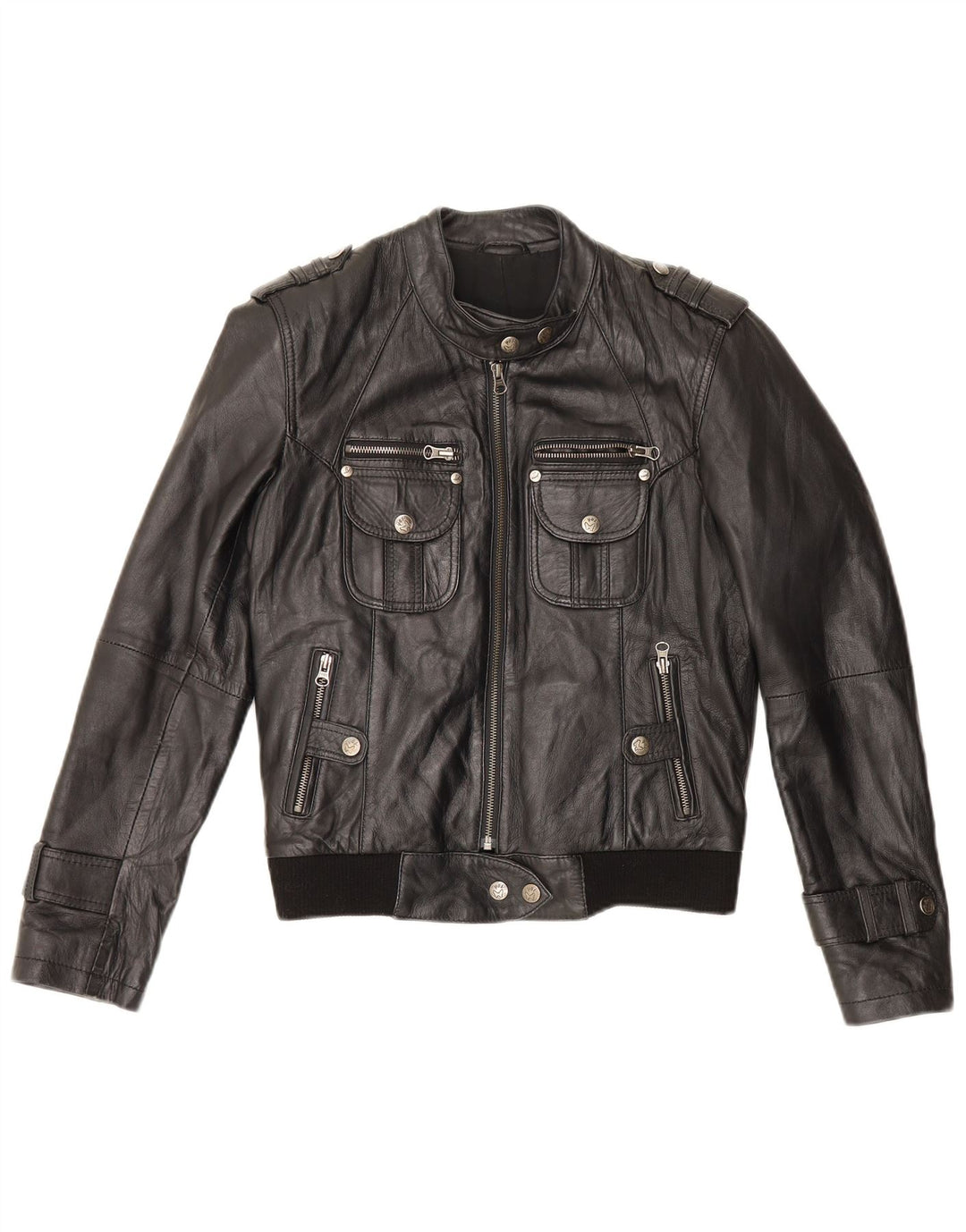 Vintage Damen Militär-Leder-Racer-Jacke UK 12 Mittelschwarzes Leder