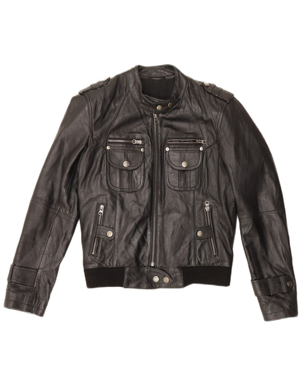 Vintage Damen Militär-Leder-Racer-Jacke UK 12 Mittelschwarzes Leder