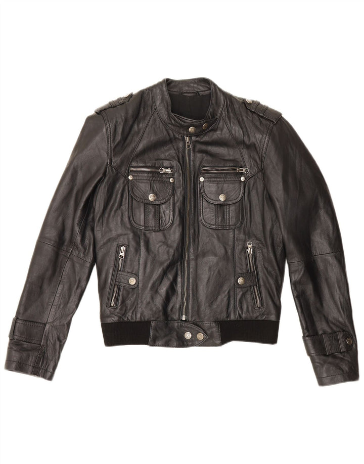 Vintage Damen Militär-Leder-Racer-Jacke UK 12 Mittelschwarzes Leder