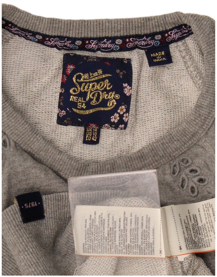 Superdry Damen Sweatshirt-Pullover UK 14 Mittelgraue Baumwolle