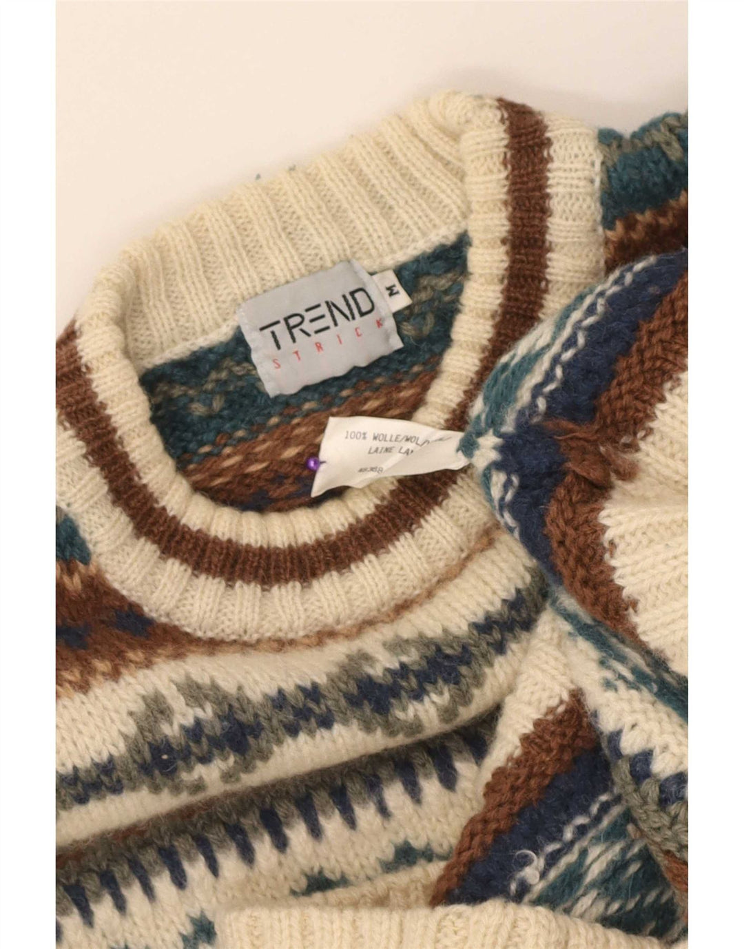 Vintage Herren-Pullover mit Rundhalsausschnitt, Mittelbeige, Fair-Isle-Wolle