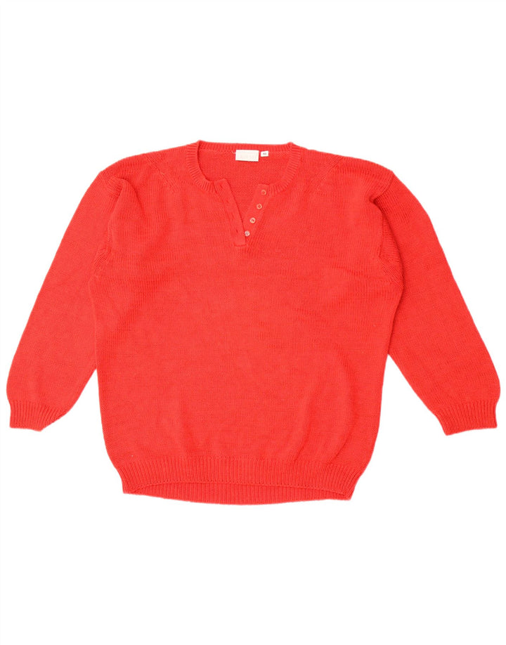 Vintage Damen Übergroßer Pullover mit Knopfkragen, EU 40, mittelrote Baumwolle