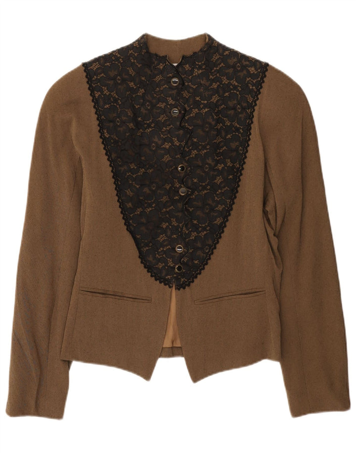 Vintage Damen 6-Knopf-Blazer-Jacke IT 42 Mittelbraune geblümte Viskose