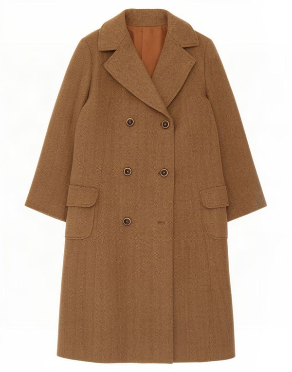 Vintage Damen Zweireihiger Mantel UK 14 Großer Beige Herringbone