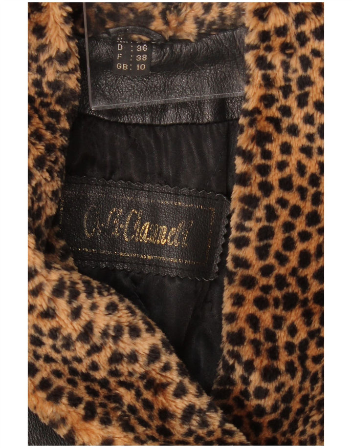 VINTAGE Damen Übergroßer Ledermantel UK 10 Kleiner schwarzer Tierdruck